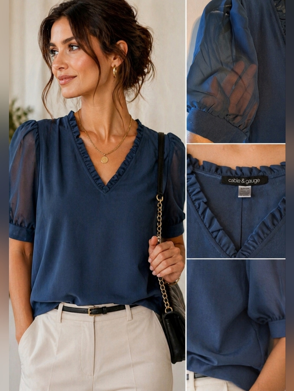 ✨ Cable & Gauge Sheer Puff Sleeve Blouse – Size Small (NWT) ✨
